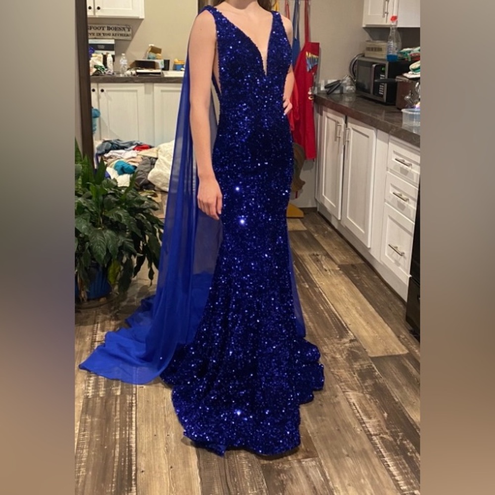 Sherri Hill Royal Blue Sequin Gown with 
Custom Cape